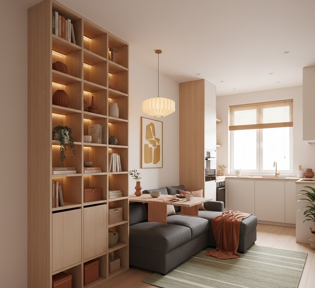 Transformeerbare woonruimte met slimme opslag