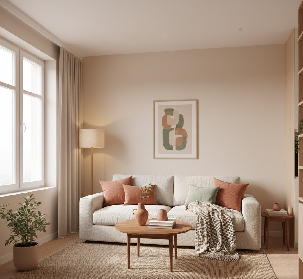 Warme neutrale kleuren in kleine ruimte